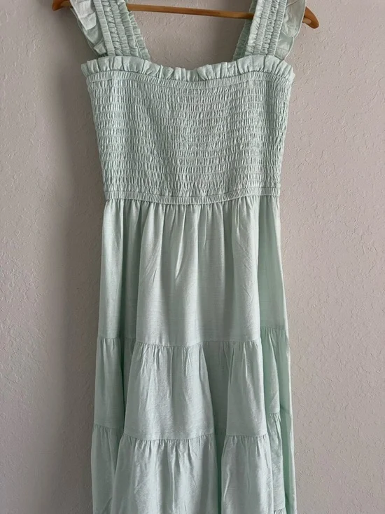 Express Mint Green Smocked Ruffle Strap Midi Dress - Picture 2 of 7